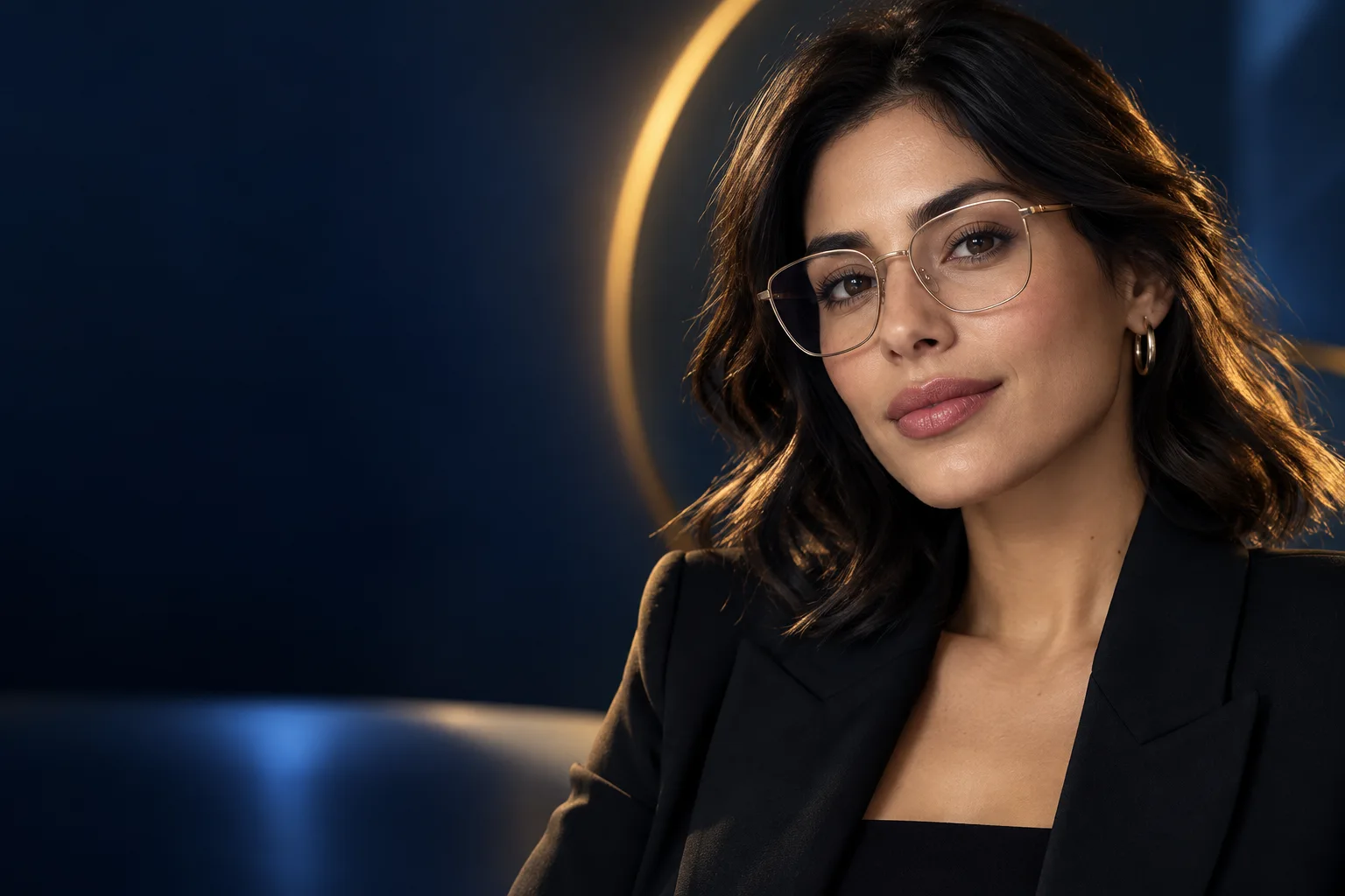 Campaña OPTICA7: mujer con marco óptico dorado