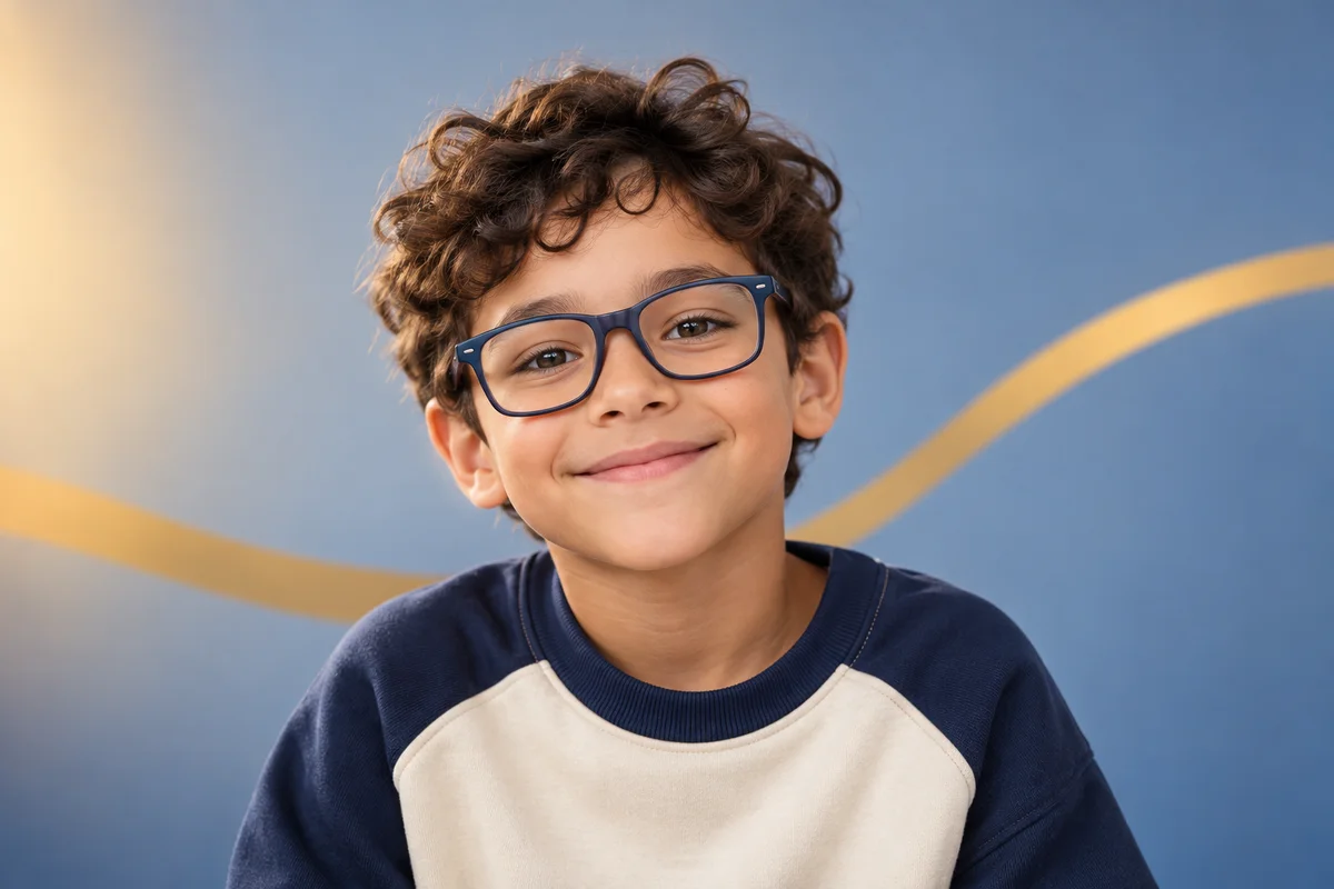 Campaña Niños: niño con lentes ópticos de acetato azul
