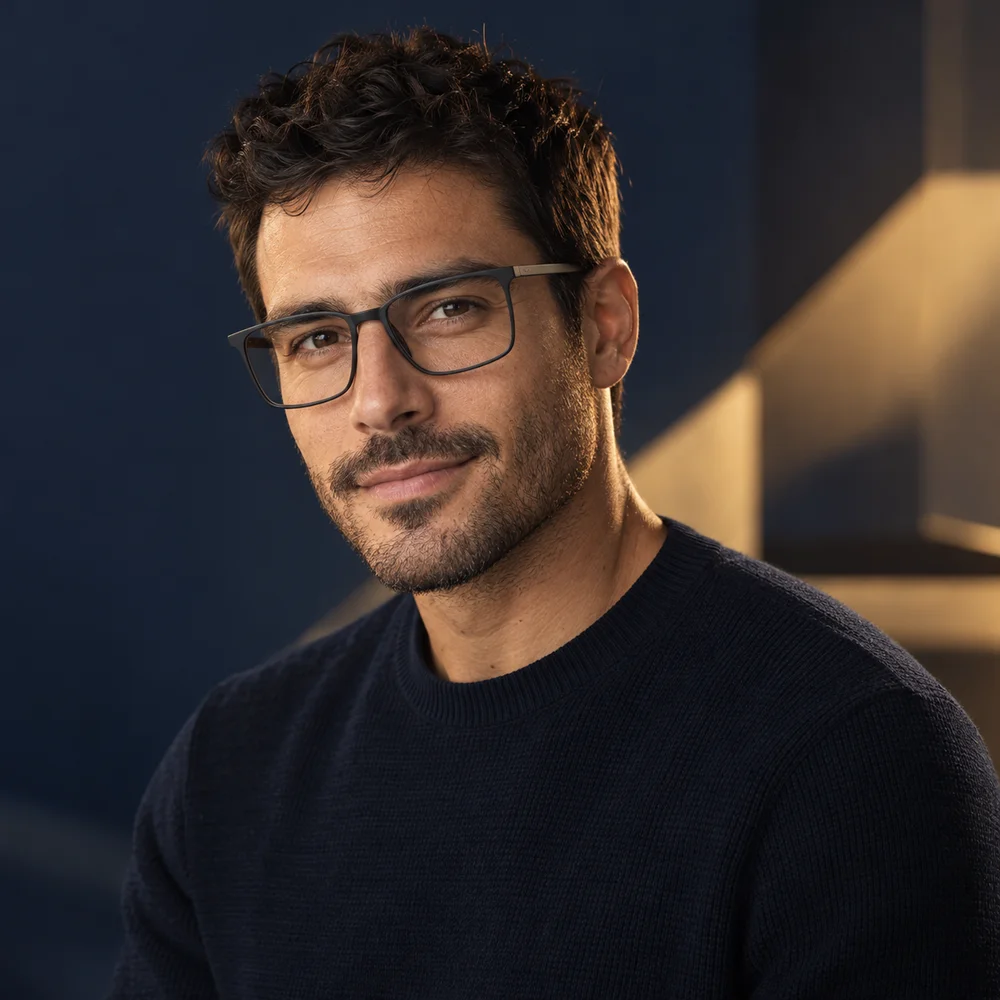 Campaña Hombre: modelo con lentes ópticos rectangulares grafito